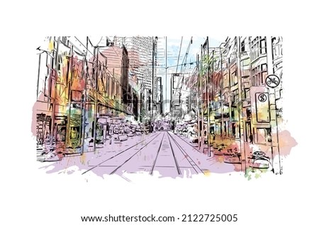 Building view with landmark of Melbourne is the 
city in Australia. Watercolor splash with hand drawn sketch illustration in vector.