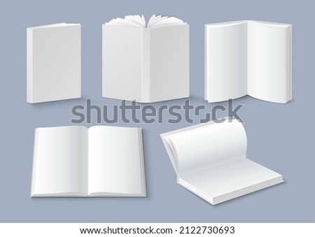 Realistic open and closed book mockup set, vector isolated illustration. White blank booklet, brochure, magazine cover. Hardcover, softcover or paperback vertical book templates.