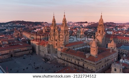 Aerial view of the Obradoiro facade of the cathedral of Santiago de Compostela at sunset
 Royalty-Free Stock Photo #2122734512