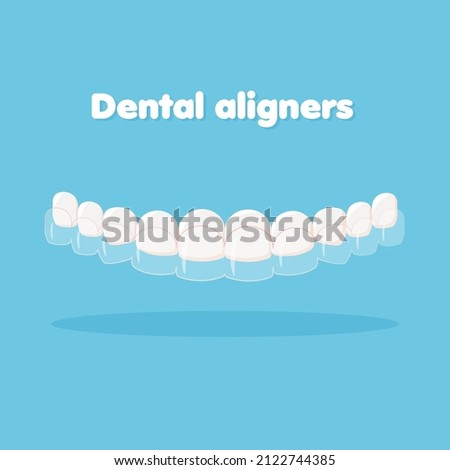 Mouth guard. Teeth with transparent braces. Alignment of teeth by aligners. Orthodontic dentistry concept. Dental care. Vector illustration isolated on blue background. Royalty-Free Stock Photo #2122744385