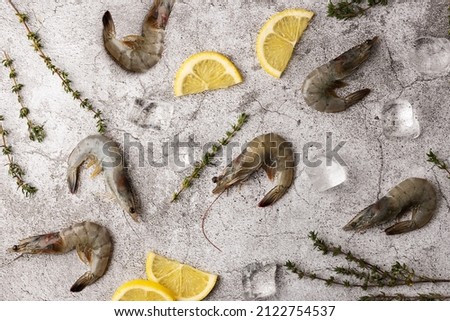 Raw prawns, shrimps with lemon slices, ice cubes and thyme on a gray background.