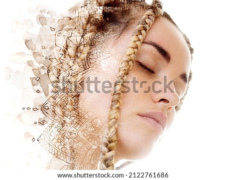 A portrait of a young woman with closed eyes combined with an abstract painting. Paintography.