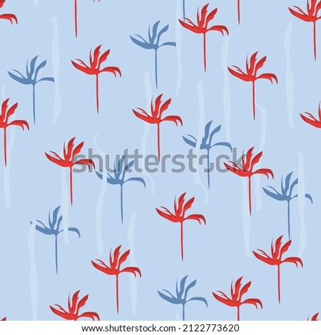 Stylish repeating vector abstract pattern. Simple, tropical background texture with leaves, palm silhouettes. Fresh organic design. light blue, blue, red  colors for decor, wallpapers, fabrics