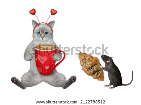 An ashen cat in a headband drinks coffee near a rat with a pistachio croissant. White background. Isolated.