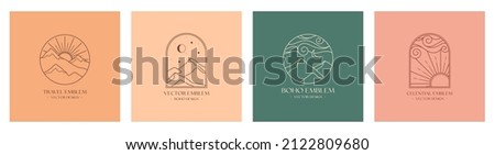 Set of vector linear boho emblems.Bohemian logos with sand dunes,sun and sunburst,snowcapped mountains and moon.Modern celestial icons or symbols in trendy minimal style.Travel design templates Royalty-Free Stock Photo #2122809680