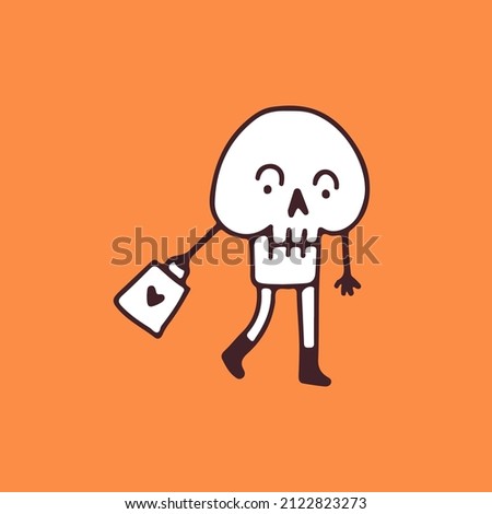 Skeleton character with shopping bag, illustration for t-shirt, sticker, or apparel merchandise. With doodle, soft pop, and cartoon style.
