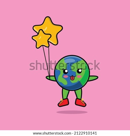 Cute cartoon earth floating with star balloon cartoon vector illustration in concept 3d cartoon