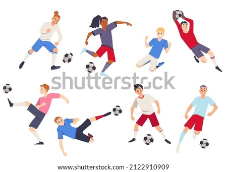 Soccer players kicking ball characters set, flat cartoon vector illustration isolated on white background. Soccer or football game players collection.