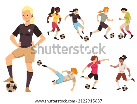 Female soccer players from woman football team in various pose in flat vector illustration isolated on white background. Set with cartoon teen girls characters make kick, pass, dribble ball Royalty-Free Stock Photo #2122915637