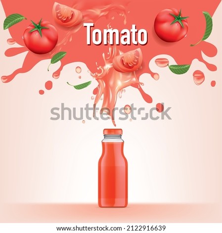 Vector realistic tomato juice in glass bottle with juicy splash explosion. Fresh healthy drink, bloody marry ingredient. Natural organic drink package design mockup. Royalty-Free Stock Photo #2122916639