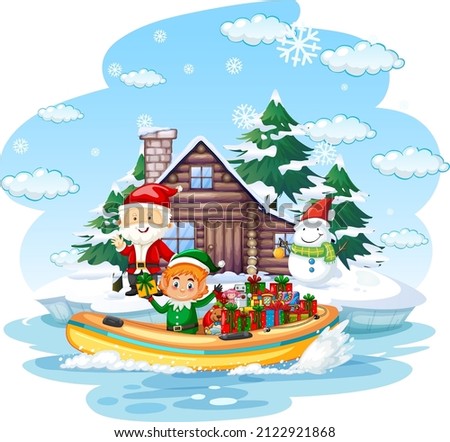 Santa Claus and elf delivering gifts by boat illustration