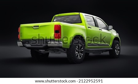 Green pickup car on a black background. 3d rendering.