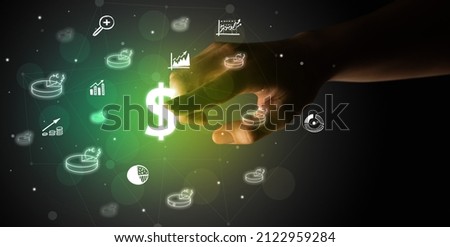 Businessman finger touching on screen multimedia interface with hand drawn currency icons