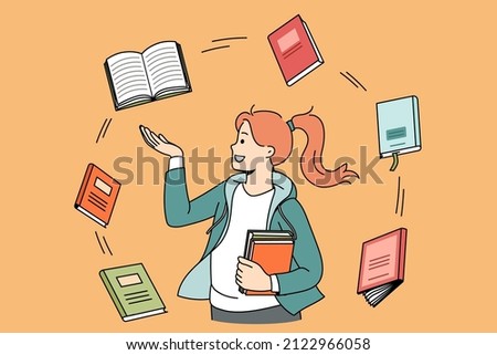 Education and reading books concept. Smiling girl student standing and looking at various books flying around her getting prepared for exam vector illustration  Royalty-Free Stock Photo #2122966058