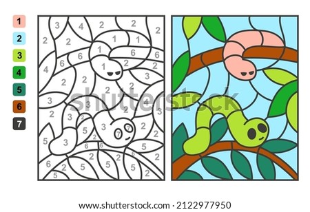 Color by numbers insect caterpillar. Puzzle game for children education, colors for drawing and learning mathematics