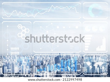 Stock market charts on background of financial district of megapolis city. Digital economy and trading. Risk management and strategy planning. Modern financial technology and data visualization