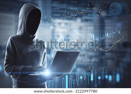Hacker in hoodie using laptop with abstract glowing big data forex candlestick chart on blurry background. Trade, technology, investment and analysis concept. Double exposure
