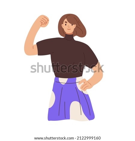 Strong woman gesturing with clenched fist. Confident powerful person winner with raised hand. Strength and solidarity sign with arm up. Flat graphic vector illustration isolated on white background Royalty-Free Stock Photo #2122999160