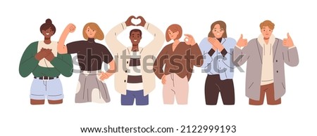 Happy positive people, group portrait. Men and women team gesturing with hands, fingers. Love, support, solidarity, ok expressions. Flat graphic vector illustration isolated on white background Royalty-Free Stock Photo #2122999193