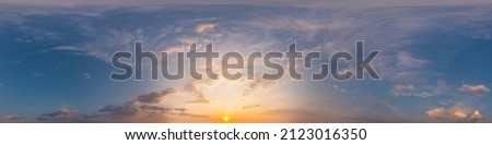 Panorama of a dark blue sunset sky with pink Cirrus clouds. Seamless hdr 360 panorama in spherical equiangular format. Full zenith for 3D visualization, sky replacement for aerial drone panoramas. Royalty-Free Stock Photo #2123016350