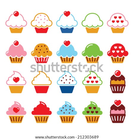 Cupcake with heart, cherry and sparkles cute icons set 