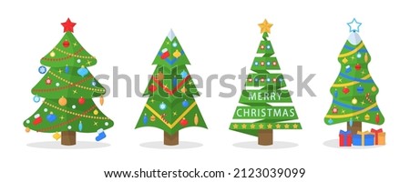 Set of cartoon Christmas trees, pines for greeting card, invitation,banner, web. Winter holiday. Icons collection. Vector illustration, EPS 10.