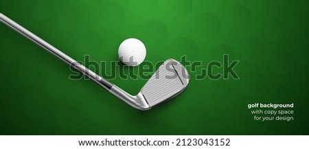 Golf club and ball with shadows on green - background for your golf design. Vector illustration. Royalty-Free Stock Photo #2123043152