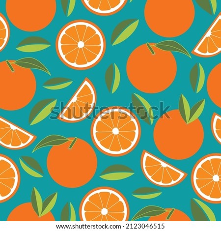 Oranges seamless pattern with teal background. Stylized citrus background for textile, fabric, wallpaper and backgrounds.