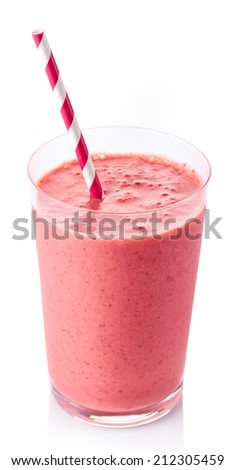 Glass of strawberry smoothie isolated on white background
