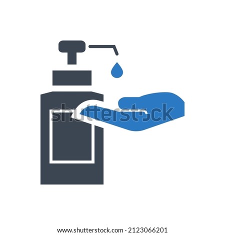 Hand sanitizer related vector glyph icon. Sanitizer dripping from bottle on palm. Hand sanitizer sign. Isolated on white background. Editable vector illustration