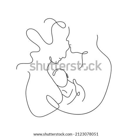 One continuous monoline single drawing line art flat doodle family, mom love dad and baby, mother father. Isolated image hand drawn contour on white background. The concept of happiness.