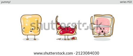 Sandwich. Set of cute kawaii characters. Funny cartoon fast food icons in different situations. Vector comic style graphics