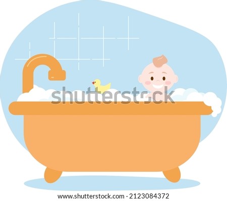 Smiling baby boy bathing in bathtub full of soap bubbles . Vector illustration. Flat style