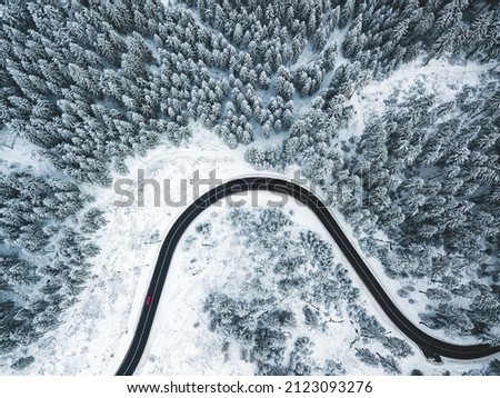 Aerial photo of a curvy road going trough the snowy forest 
