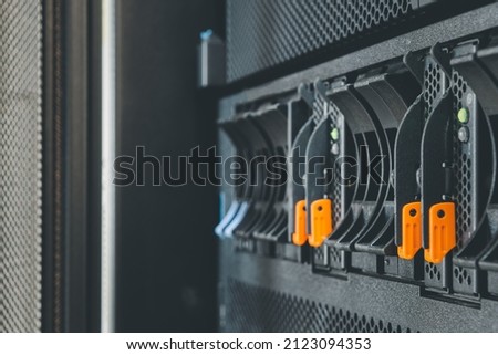 Computer server mainframe and harddisk drive raid storage with LED in computer server data-center for cloud service and hosting information infrastructure