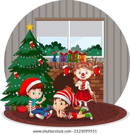 Happy children celebrating Christmas at home illustration