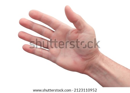 A close-up of a man's hand. Hand with palm extended, fingers extended in one direction. A hand pointing in the direction. Isolate on a white background.