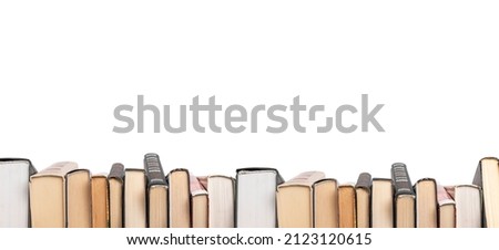 Banner with hardcover books row isolated on white background. Education concept. Copyspace. Books border. High quality photo Royalty-Free Stock Photo #2123120615