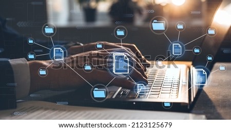 Document Management System or DMS.Consultant information technology (IT) working on laptop.Internet Technology Concept. Automation software to archiving and efficiently manage and information files. Royalty-Free Stock Photo #2123125679