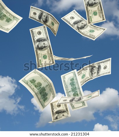hundred dollar banknotes falling from the blue sky