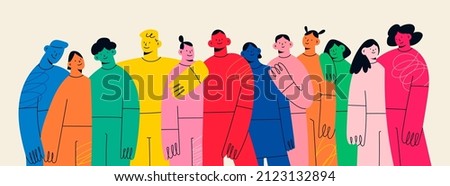 Group of abstract diverse people. Friends or coworkers are standing, hugging, posing together. Cartoon characters. Teamwork, togetherness, friendship concept. Hand drawn colorful Vector illustration Royalty-Free Stock Photo #2123132894