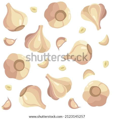 Pattern fresh garlic in cartoon style. Vector whole and parts garlic isolated on a white background. Royalty-Free Stock Photo #2123145257
