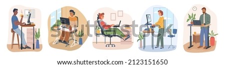 Comfortable office, home workspace with adjustable tables and desks. Vector people working on computer and laptop, sitting in chair and standing. Spine health of employees. Flat cartoon characters set Royalty-Free Stock Photo #2123151650
