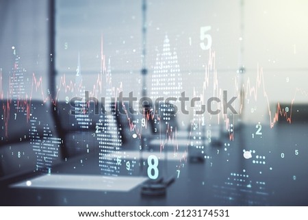 Double exposure of abstract creative financial chart hologram on a modern meeting room background, research and strategy concept