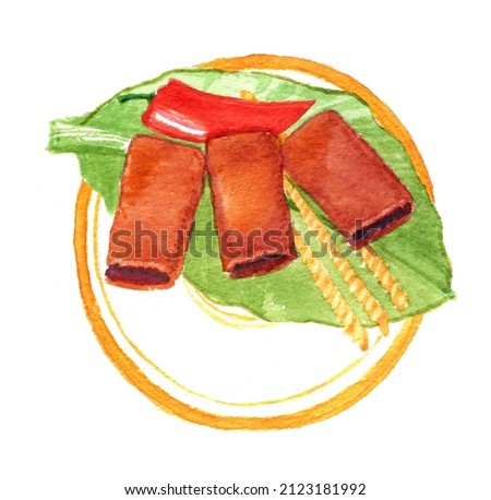 Meat rolls, zrazy, with salad and sweet peppers in a plate. Humor. Watercolor illustration isolated on white background.