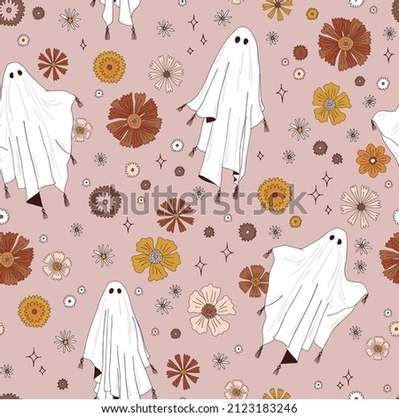 Boho Halloween spooky Ghost with florals vector seamless pattern. Scary spook in white sheet background. Classic Halloween icon light surface design.