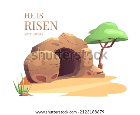 He is risen. Easter vector illustration. Cave. Empty tomb of Jesus. Scripture. Royalty-Free Stock Photo #2123188679