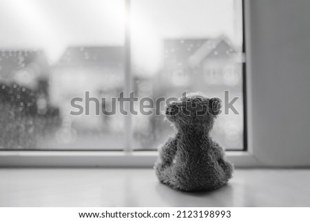 Black and white Rear view Lonely bear doll sitting alone looking out of window, Sad teddy bear sitting next to window in rainy day, lost toy, Loneliness concept, International missing Children day Royalty-Free Stock Photo #2123198993