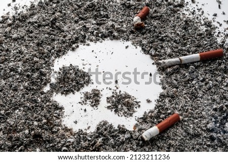 Stylized image of a skull  isolated on white. Skull from the ashes of tobacco with cigarettes. Concept: Harm of cigarettes; Krenie - harm; Tobacco is death. Royalty-Free Stock Photo #2123211236