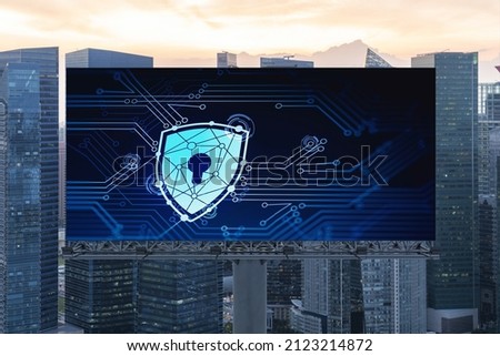 Padlock icon hologram on road billboard over panorama city view of Singapore at sunset to protect business, Southeast Asia. The concept of information security shields.